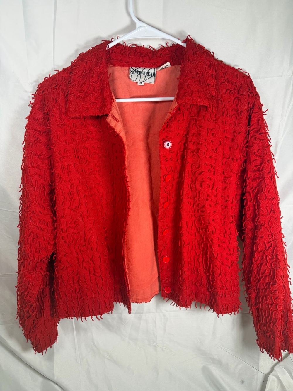 Silver Stream Red Textured Loop Fringe Jacket Size M 100% Cotton